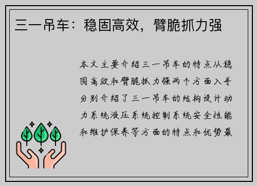 三一吊车：稳固高效，臂脆抓力强