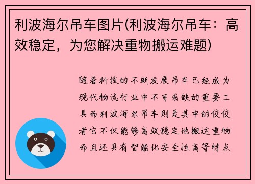 利波海尔吊车图片(利波海尔吊车：高效稳定，为您解决重物搬运难题)