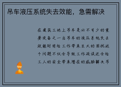 吊车液压系统失去效能，急需解决