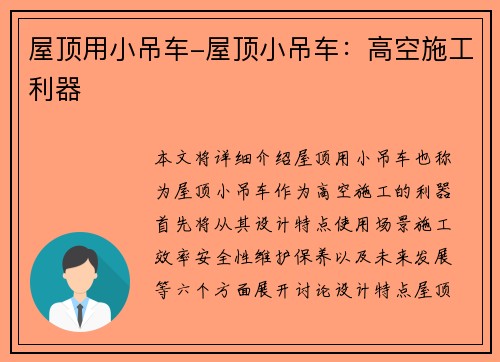 屋顶用小吊车-屋顶小吊车：高空施工利器